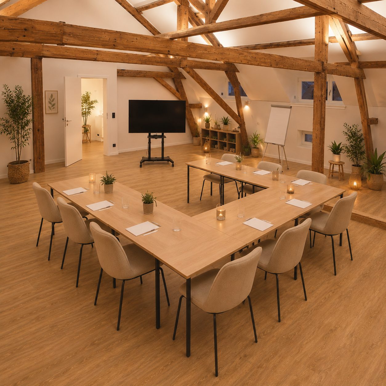 Seminarraum im Haus Breitmaar mit U-förmiger Bestuhlung, Bildschirm und Flipchart